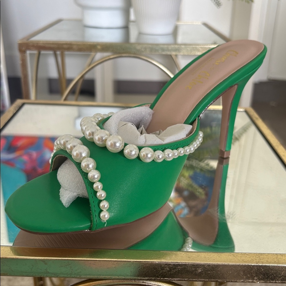 Green Stiletto Heels with Pearl Accents